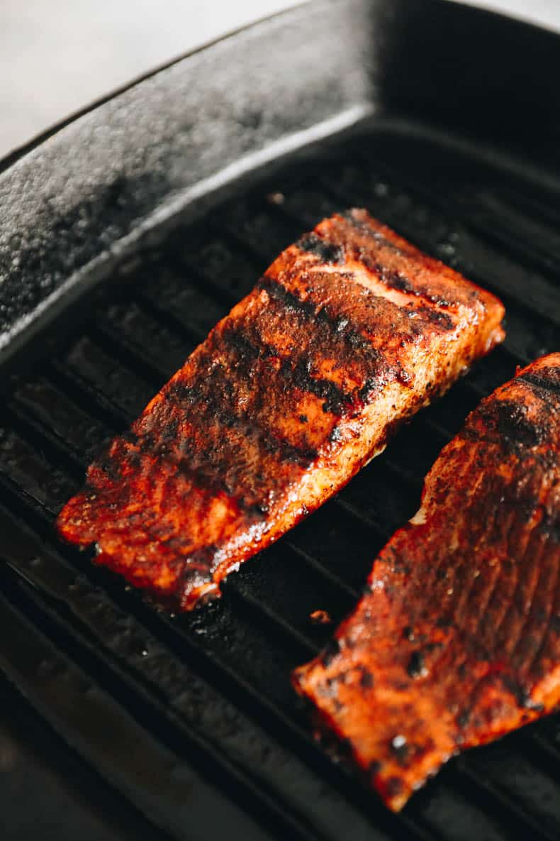 Grilled salmon on a grill pan.