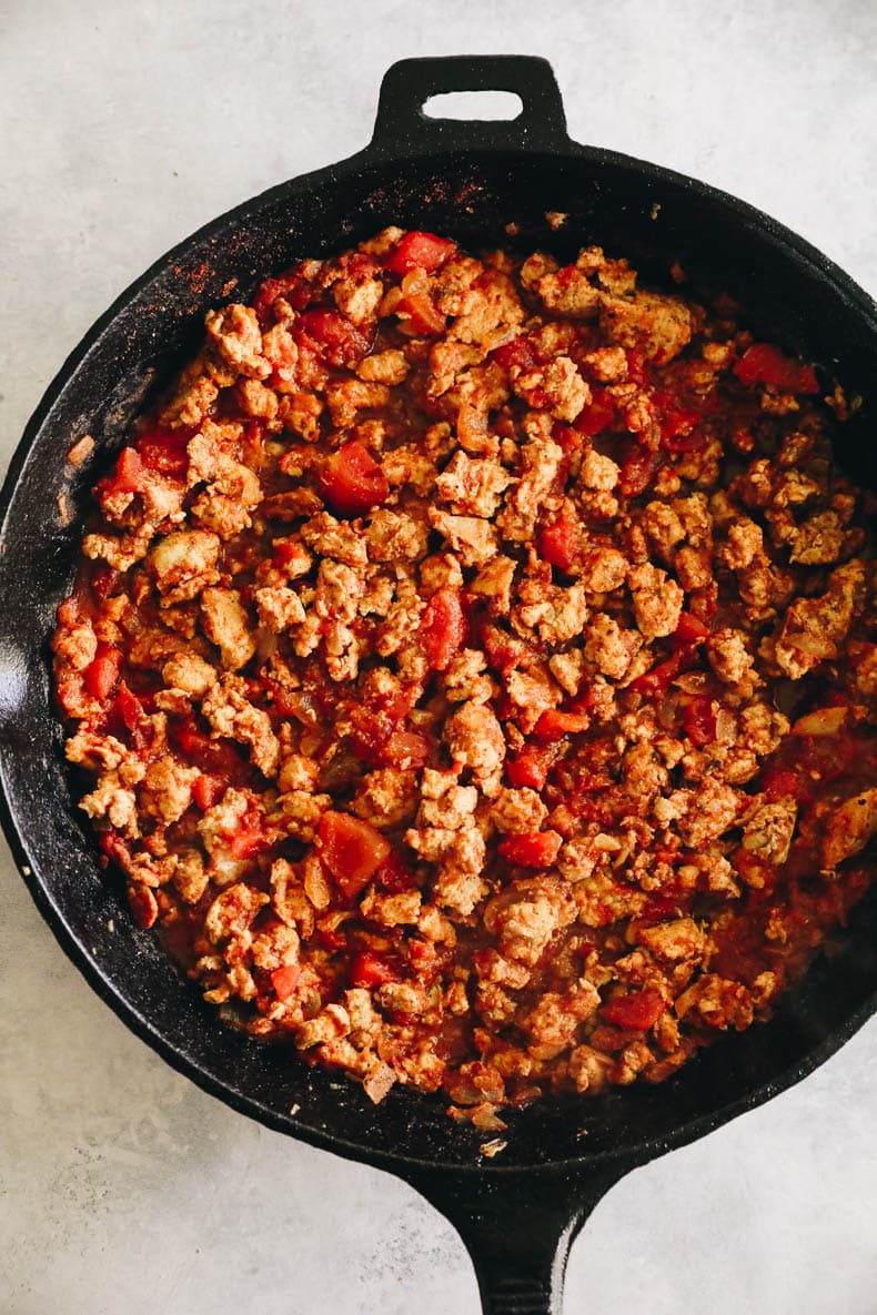 ground turkey taco meat in cast-iron skillet